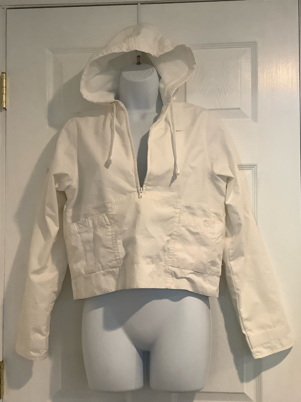 NIKE Women’s White Cropped Cotton Pullover Half Zip Hooded Running Jacket XS
